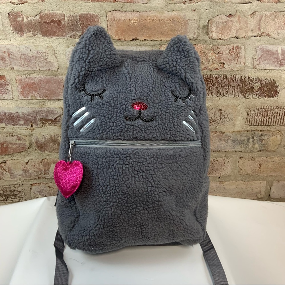 Fuzzy fleece cat gray backpack book bag